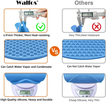 Silicone Trivet Mats - Walfos Heat Resistant Pot Holders Set, 4pcs 2 Sizes 7 Inch & 9 Inch, Multipurpose Non-Slip Hot Pads for Hot Pot, Hot Dishers, Jar Opener, Food Grade & BPA Free (Nordic Blue)