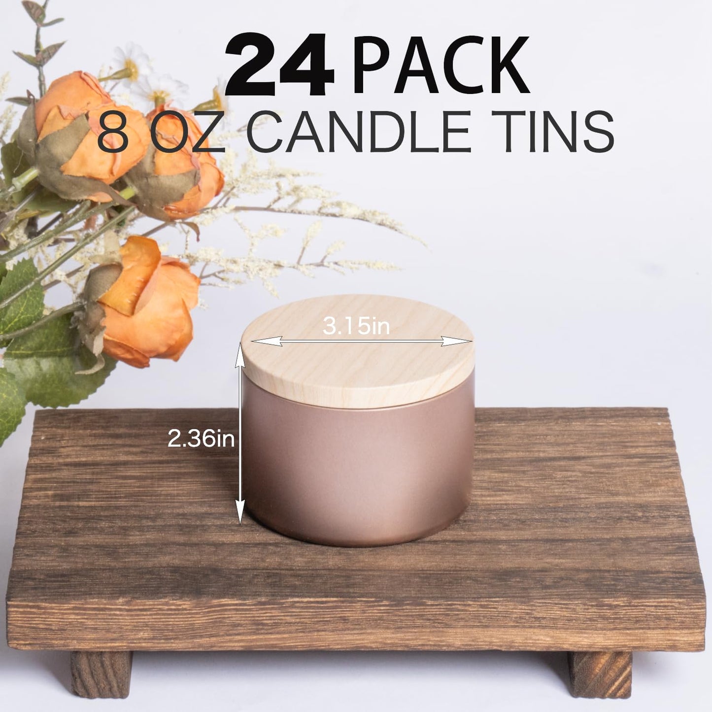 Hiztghc 24-Pack 8oz Cylinder Candle Tins with Wood-Grain Lids Multi-Purpose Containers for Storage,Aromatherapy Candle Making, Small Plants, Holiday Gifts & Arts & Crafts (Rose Gold)