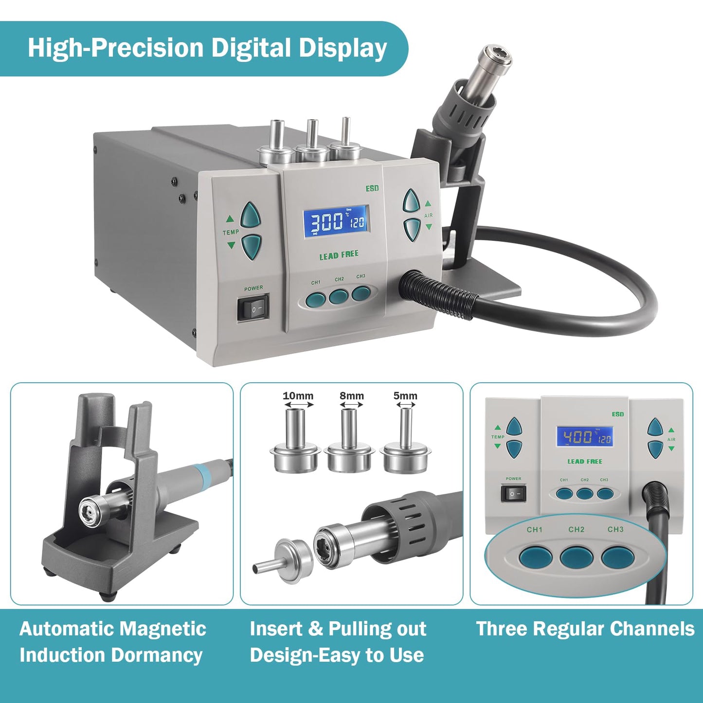 Soiiw 110V 861DW Hot Air Rework Station 1000Watt Heat Gun Soldering Station Brushless DC Vortex Blower for Miro Soldering Rework,Large LCD Screen Display with 3pcs Free Nozzles