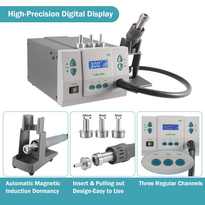 Soiiw 110V 861DW Hot Air Rework Station 1000Watt Heat Gun Soldering Station Brushless DC Vortex Blower for Miro Soldering Rework,Large LCD Screen Display with 3pcs Free Nozzles