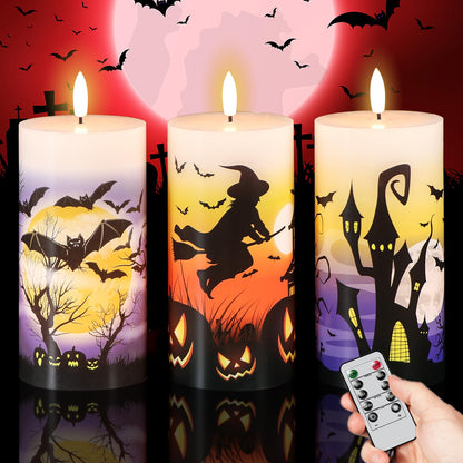 DRomance Halloween Flameless LED Candles Battery Operated with Remote and Timer, Real Wax Flickering Pillar Candles 3D Wick Dimmable Light Castle Witch Bats Halloween Decor(3 Pack, 3 x 6 Inches)