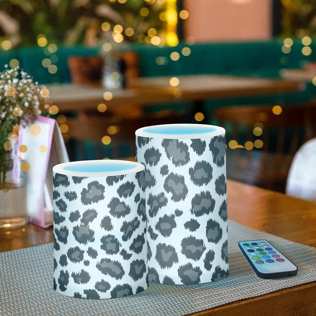 WEVIBOFU Black Grey Leopard Pattern Flickering Flameless Candles LED Battery Operated with Remote Timer Pillar Candles for Home Birthday Wedding Christmas Decor, Set of 2