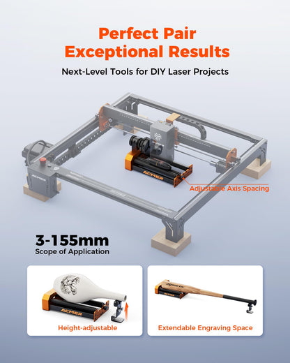 ACMER M4 Laser Rotary Roller, 360° Y-Axis Rotary Attachment for Laser Engraver, 3–150mm Adjustable Engraving Space, for Cylindrical Objects, Rings, Compatible with Most Laser Engravers