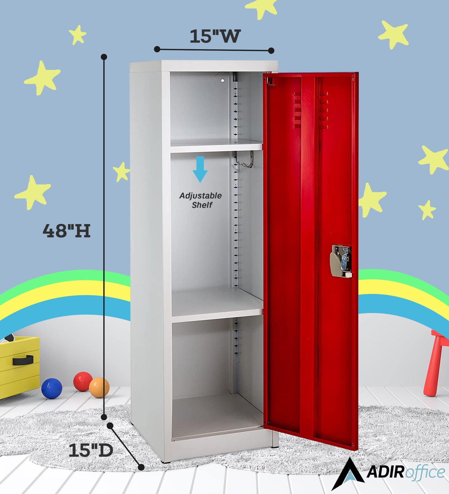 AdirOffice Kids Steel Metal Storage Locker - for Home & School - with Key & Hanging Rods (48 in 1 Door, Red)