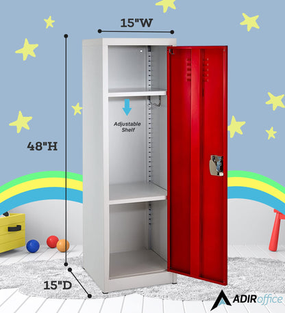 AdirOffice Kids Steel Metal Storage Locker - for Home & School - with Key & Hanging Rods (48 in 1 Door, Red)
