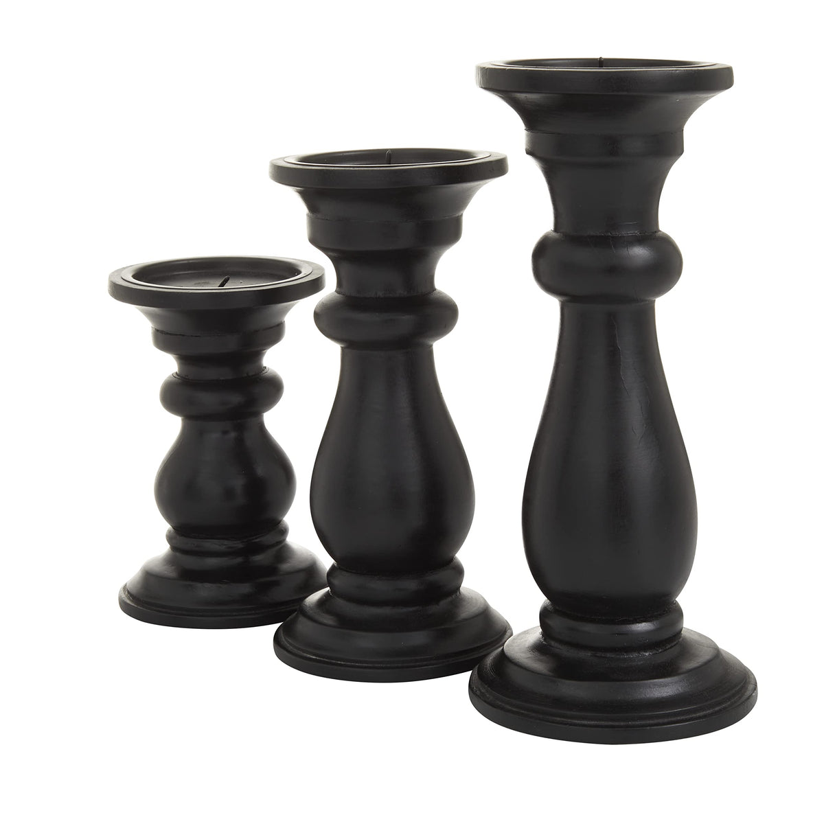 Deco 79 Mango Wood Decorative Candle Holder Turned Style Pillar Candle Stand, Set of 3 Candlestick Holder 10", 8", 6"H, Black