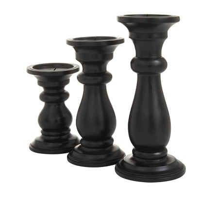 Deco 79 Mango Wood Decorative Candle Holder Turned Style Pillar Candle Stand, Set of 3 Candlestick Holder 10", 8", 6"H, Black