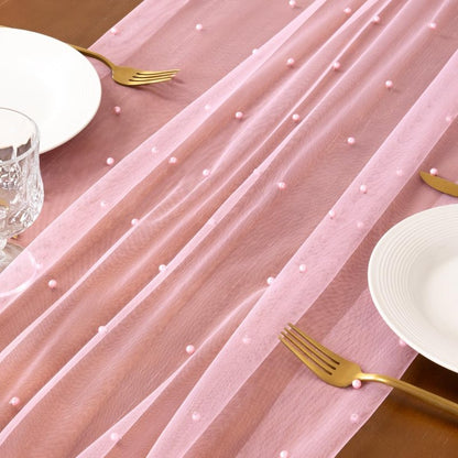 Socomi Pearl Table Runner Tulle Pink Summer Cheesecloth 10FT Gauze Cheese Cloth Sheer Chiffon Dining Wedding Birthday Party Baby Shower Bridal Engagement Anniversary Holiday Centerpiece Table Decor