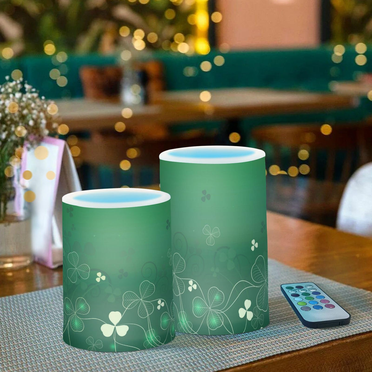 ALAZA Glowing Green Golden Shamrock Flickering Flameless Candles Patrick's Day Battery Operated with Remote Timer,Tea Light Candles LED Pillar Votive Candles Set of 2 for Outdoor Indoor Decorations