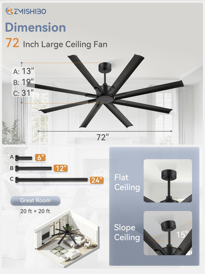 ZMISHIBO 72 Inch No Light, Large Industrial Ceiling Fan with 8 Aluminium Blades, Quiet DC Motor, 6 Speeds, Modern Ceiling Fan without Light for Garage/shop/living room,Black