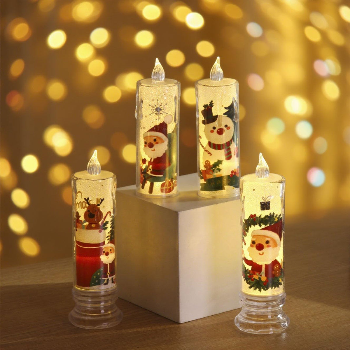 Vwvk 4-Pcs Christmas Flameless Candle Set, 5.12 Inches Tall, Christmas LED Candles with 3D Flame Effect - Battery-Operated Vintage Holiday Lights,Children's Christmas Gifts