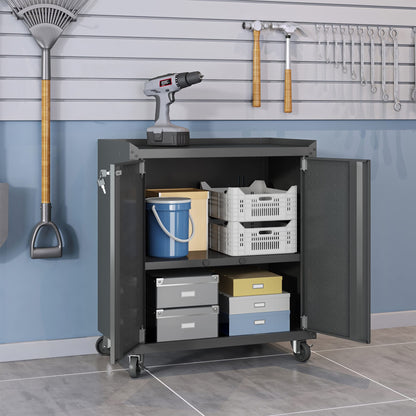 Manhattan Comfort Fortress Rolling Garage Storage Cabinet with 2 Adjustable Shelves, Lockable Metal Tool Compartment, Heavy-Duty Mobile Utility Organizer with Wheels, Charcoal Gray