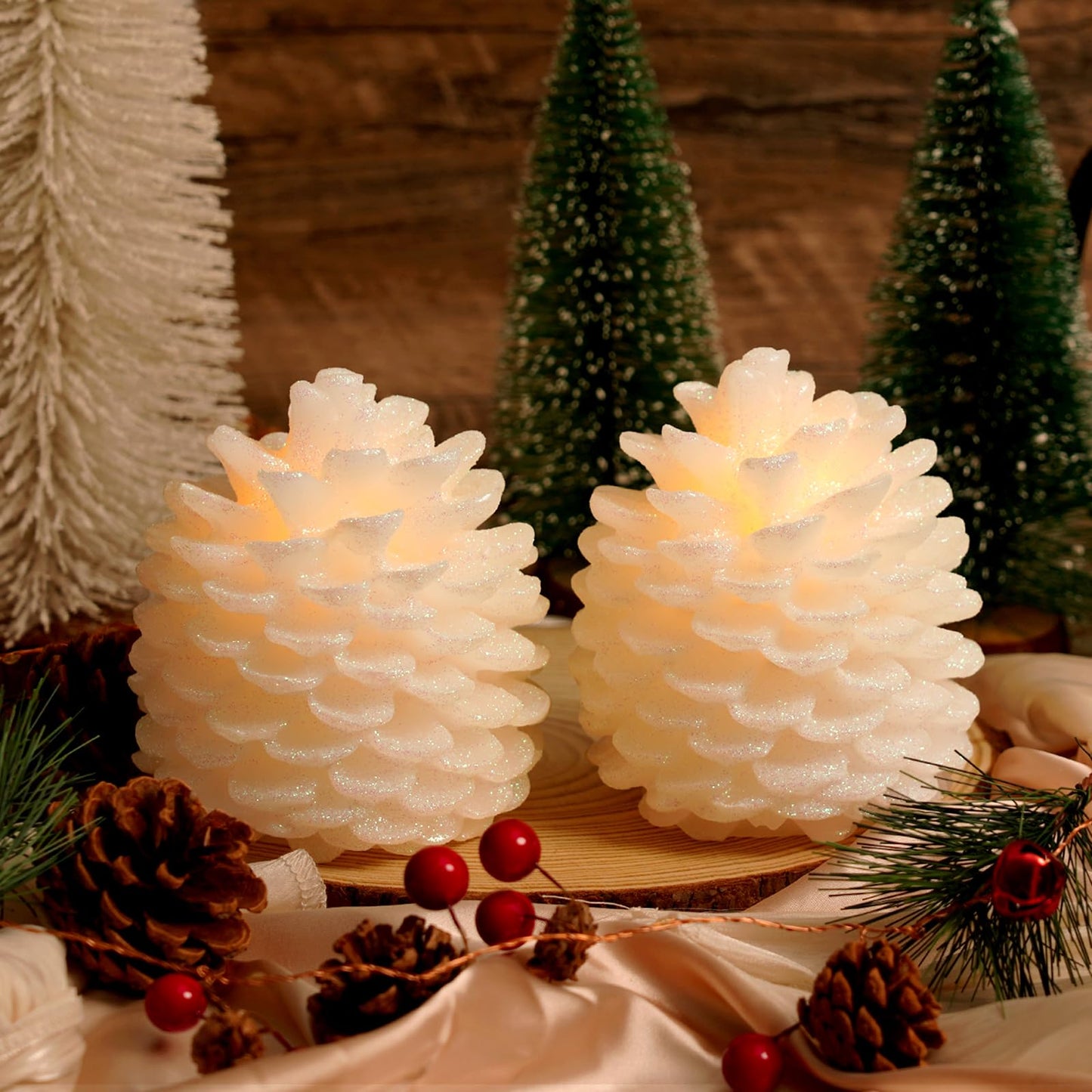 Homemory 2 Pcs Pine Cone Candles Flameless, White LED Flickering Lights with 6 Hours Timer, Battery Operated Candles for New Year Celebration Holiday Decorations D4.3 x H4.7 Inches