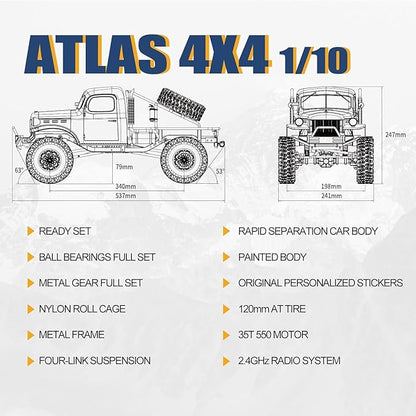 EAZYRC FMS Rochobby 1/10 Atlas Ready Set RC Crawler RC Truck 4X4 with Lighting 2.4GHz RadioBall Bearing Metal-Gear Full4 Link SuspensionRapid Separation Car Body for Adult (Blue)