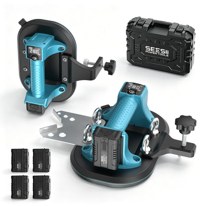 SEESII 4-in-1 Electric Suction Cups for Tile Lifting, Drill, Seam & Leveling: 10" Large Glass Suction Cup, Heavy Duty Vacuum Lifter with 280KG/617LBS Max Load, 4X 3000mAh Batteries, Digital Display