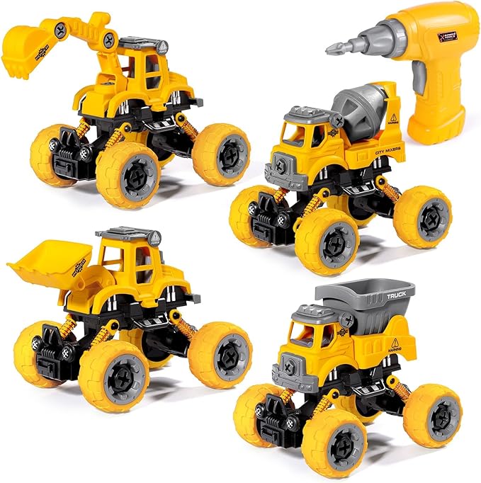 LUDILO 4PCS Take Apart Toys for 4 Year Old Boys Construction Toys with Electric Drill DIY Assembly Building Stem Toys Trucks Gifts for 3 4 5 6 7 8 Year Old Boys Girls Kids Learning Educational Toys