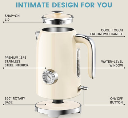 SUSTEAS Electric Kettle - 57oz Hot Tea Water Boiler with Thermometer, 1500W Fast Heating Stainless Steel Pot, Cordless LED Indicator, Auto Shut-Off & Boil Dry Protection, Red