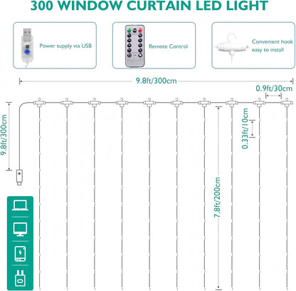 Skiennix 300 LED Curtain String Lights - Warm White, 8 Modes, Remote & Timer, USB Operated, Waterproof for Indoor/Outdoor Decor