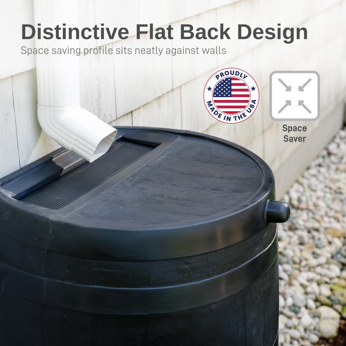 RTS Home Accents 50-Gallon ECO Rain Barrel Made with 100% Recycled Plastic, Flat Back Rain Water Collection Barrel, Black
