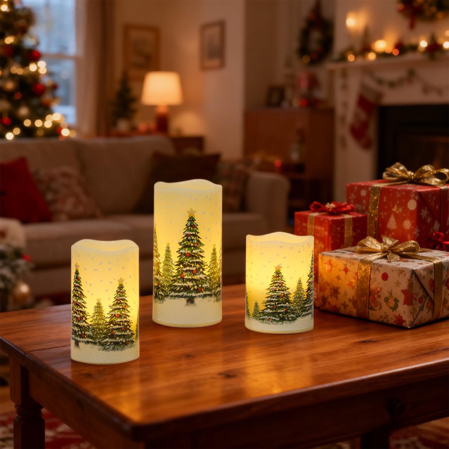 Wondise Flameless Flickering Pillar Candles with Remote Timer, Real Wax Battery Operated Christmas Tree Pine Tree Decal LED Candle for Christmas Decoration Gifts, Set of 3(D3 x H4/5/6 Inch)