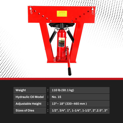 Hydraulic Pipe Bender with 8 Dies, 16 Ton Manual Copper Tubing Bender Tool Adjustable Rollers 90°-180° Steel Iron Metal Ratcheting