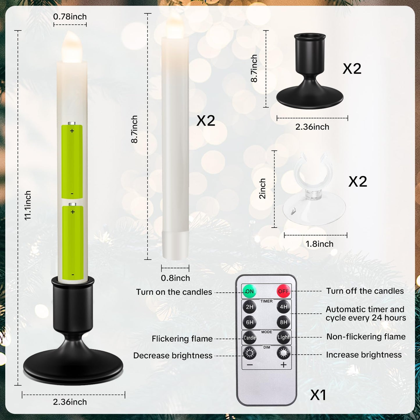 Verdenu 2 Pack Christmas Window Candles with Mental Holder, Battery Operated Flameless Taper with Timer Remote, LED Candles with Suction Cups for Christmas Decorations, Black