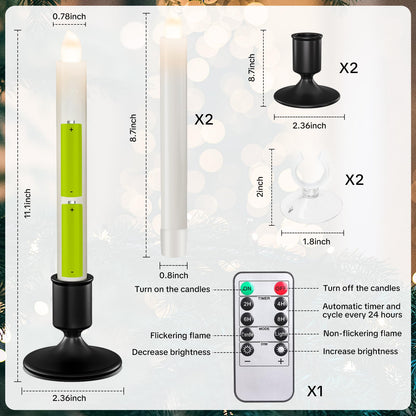 Verdenu 2 Pack Christmas Window Candles with Mental Holder, Battery Operated Flameless Taper with Timer Remote, LED Candles with Suction Cups for Christmas Decorations, Black