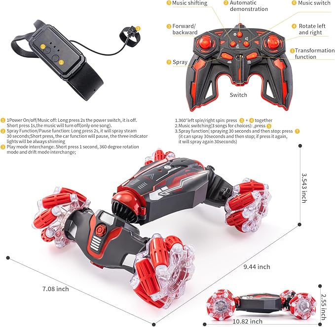 4WD Stunt Car 2.4 GHz Gesture Sensor RC Cars Double-Sided Vehicle 360° Flip RC Twist Buggy with Music Spray - Best Christmas and Birthday Present for Boys and Girls Aged 6-12 (Red)