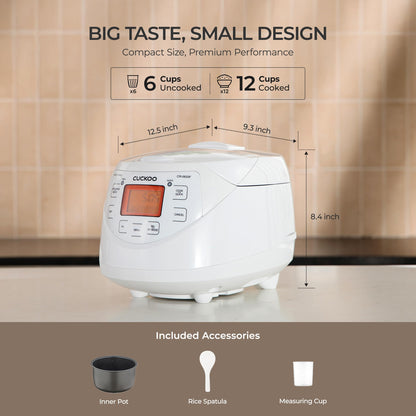 CUCKOO Micom Rice Cooker 6 Cup Uncooked / 12 Cup Cooked, Korean Fuzzy Logic Rice Cooker with Delay Timer & Keep Warm Setting, Versatile Food Steamer with Non-Stick Inner Pot, White (CR-0633F)
