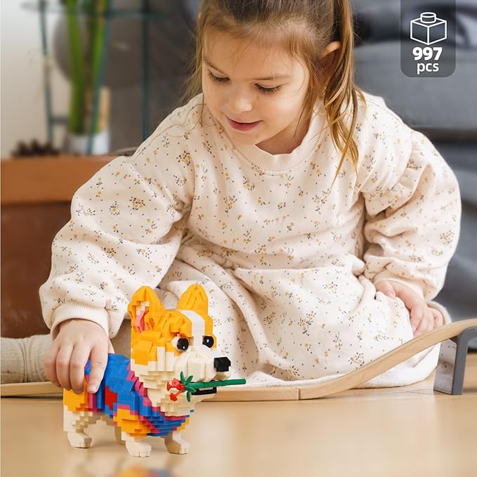 QLT QIAOLETONG Cute Animal Micro Mini Building Blocks Kit Corgi Dog Micro Bricks Building Toys for Adults Party Favors for Kids 12-14+ Years Old Birthday Carnival Prizes (997 PCS)
