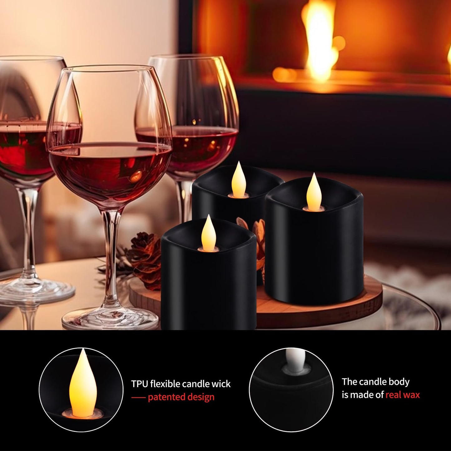 ASLDOIWEH 3x3 Flickering Flameless Candles Set of 3, 2AA Battery Life 600 Hours Battery Candles Flickering with Timer, 3 inch Flameless Candles with Remote for Indoor/Outdoor, Black