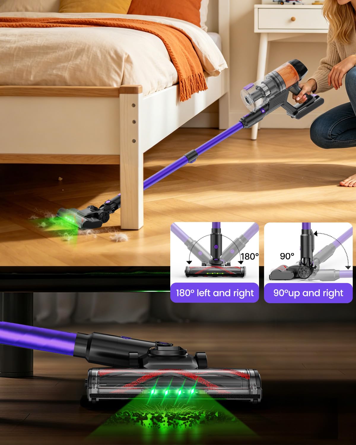 COTIAR Cordless Vacuum Cleaner, 500W 40KPa 60Mins Vacuum Cleaners for Home, Wireless Vacumm Anti-Tangle Rechargeable Vacuum with Green Light for Pet Hair/Carpet/Hardwood Floor, Purple