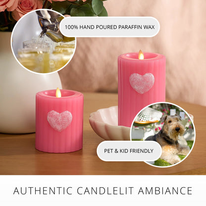 Luminara Flickering Flameless 3.7" x 6.5" Pillar Candle, Battery Operated Remote Ready (Sold Separately) & Timer Function, LED Light, Ribbed Real Pink Wax w/Embossed Heart Design for Valentine's Day