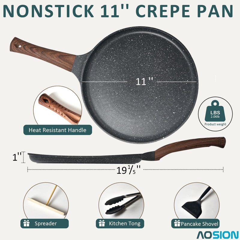 AOSION Nonstick Crepe Pan 9.5 inch,Ceramic Crepe Pan,Dosa Tawa Pan, Ceramic Coated PFOA-Free, Ergonomic Handle, With Pancake Tools, Forged Aluminum Induction Safe