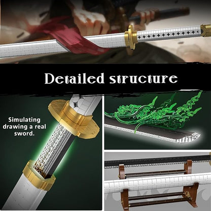 Mould King 10258 Anime Swords Building Blocks Set Rechargeable LED Light Sword for Adult Role-Playing - Zoro’s Wado Ichimonji Model with Display Stand &amp Scabbard