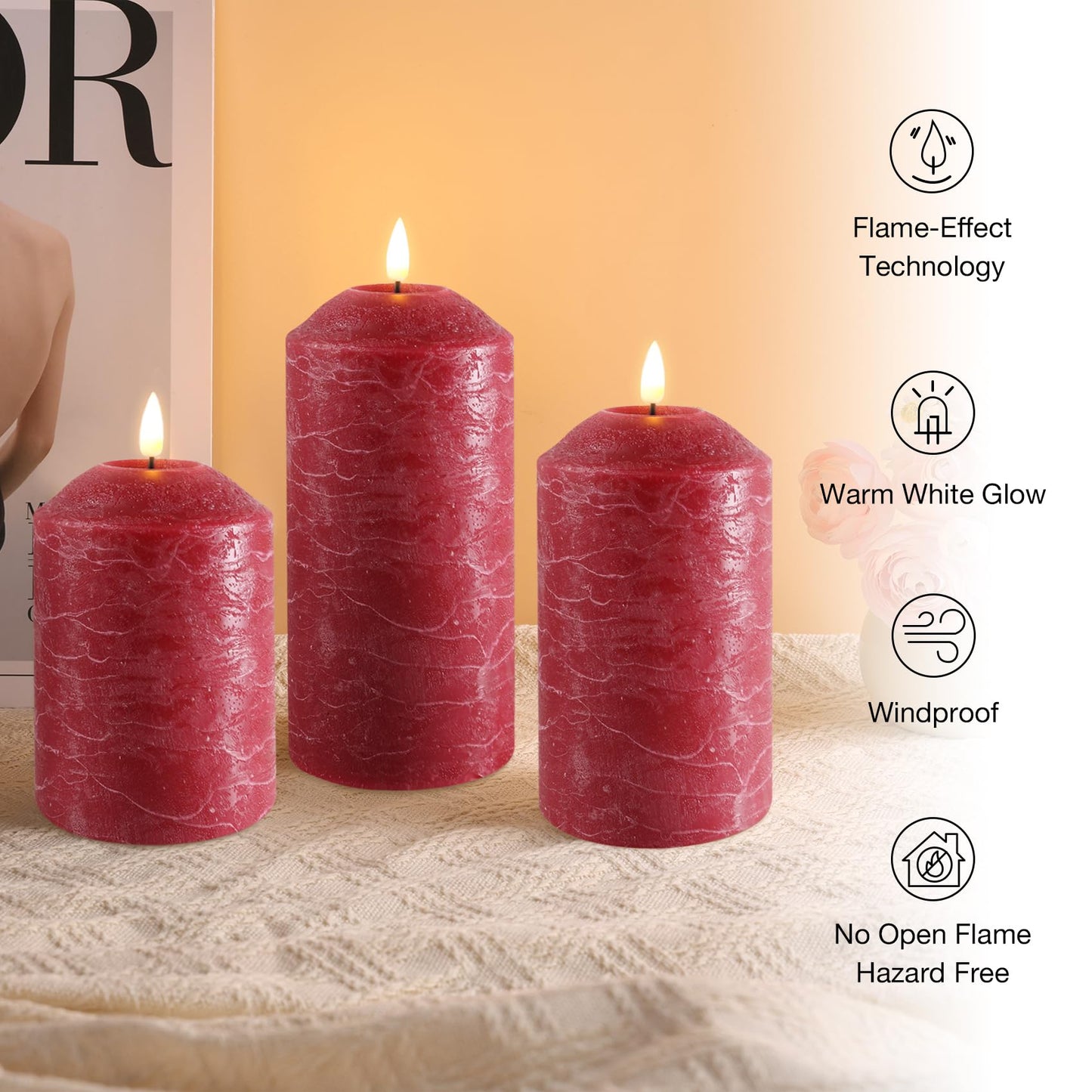Eywamage Red Flameless Pillar Candles with Remote, Christmas LED Candles Battery Powered Flickering Real Wax Set of 3