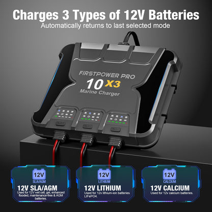Upgraded 3 Bank Marine Battery Charger 10X3, 30A (10A/Bank) - 12V Waterproof Onboard Battery Charger, Battery Maintainer & Desulfator for SLA/AGM, Lithium (LiFePO4), Calcium & Deep-Cycle Battery