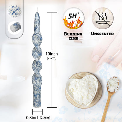 Unscented Floral Taper Candle Spiral Candlesticks - Set of 2 Handmade Blue Flower Twisted Candle 10 Inch Long Print Tapered Candles for Home Wedding Dinner Gifts