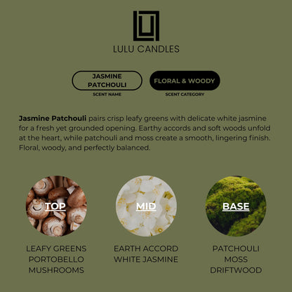 Lulu Candles | Jasmine Patchouli | Smells Floral & Earthy | Luxury Scented Soy Jar Candle | Hand Poured in The USA | Highly Scented Long Lasting (9 Oz.)