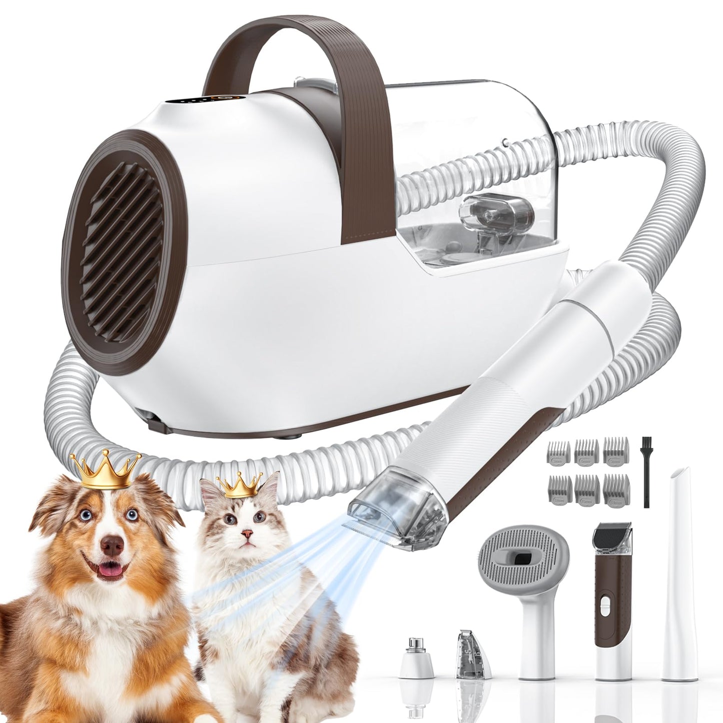 Ozumek Dog Grooming Vacuum, Dog Grooming Kit with Pet Clipper Nail Grinder, 3 Suction Modes Dog Brush Vacuum with 6 Pet Grooming Tools (Brown)