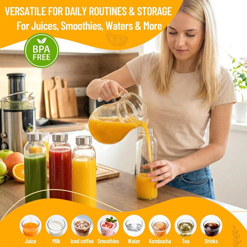 Luxfuel Clear Glass Bottles with Lids 18 oz, Reusable Glass Water Bottles with Stainless Steel Cap for Juicing,Refrigerator,100% Leak Proof, BPA Free