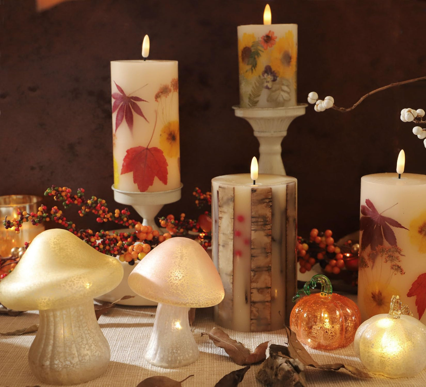 Real Birch Candles Flameless Embedded with Red Berries Christmas Flameless Candles with Remote Pillar Candles Battery Operated (3.5" × 6") - Real Wax, Unscented - for Christmas Decorations