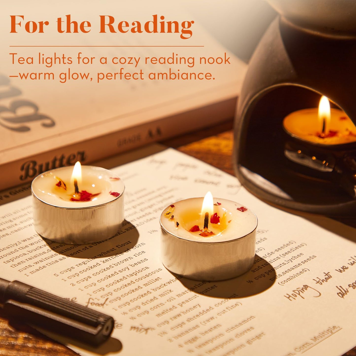 Crenovo Rose Scented Tealight Candles 16 Pcs, 6-7 Hours Soy Tea Lights Candles with Dried Flower Petals, Non-Toxic Smokeless Small Candles Bulk for Weddings, Home Decor, Spa