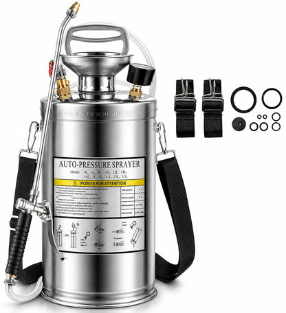 3.5 Gallon Stainless Steel Sprayer, Hand Metal Pump Up Sprayer Reinforced Hose with Pressure Gauge, Safety Valve & Adjustable Nozzle, Garden Weed Sprayers for Lawn, Gardening, Sanitizing