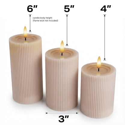 West Ivory Fluted Ribbed LED Pillar Candles, Blush Beige, with Reflective Melted-Wax Effect – Flickering Flame, Remote, Dimmable, Flameless, Battery Operated, Home & Wedding Decor (Set of 3)