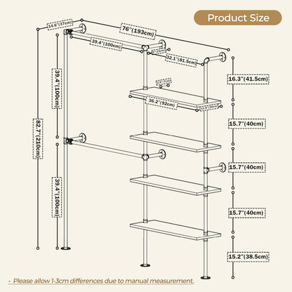 Anynice Industrial Pipe Clothing Rack, Wall Mounted Garment Black Wall Hanging Clothing Rack, Heavy Duty Clothes Rack for Walk in Closet Storage, Laundry Room, 14.6x76x82.7 Inches, Model Y02