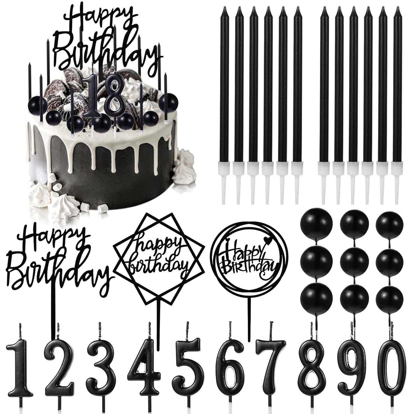 Yerliker 34 Pcs Happy Birthday Cake Toppers Decorations Birthday Candles DIY Cake Decor for Men Women Wedding Anniversary(Black)