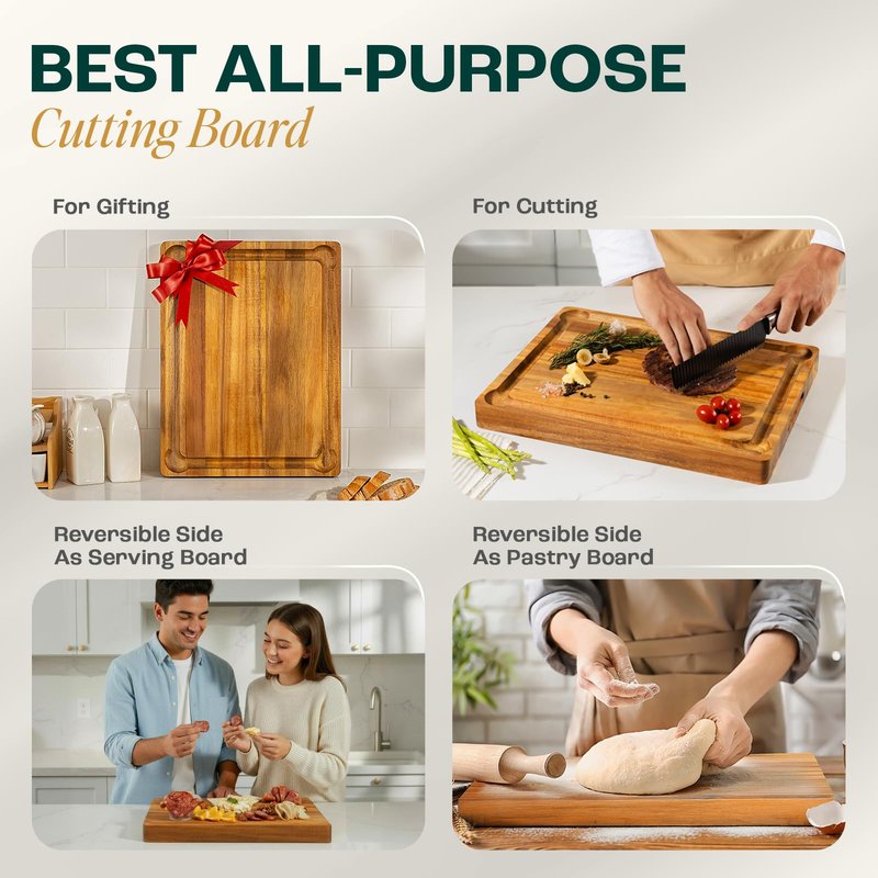 Yes4All Extra Large Acacia Wood Cutting Board for Kitchen, 24''L x 15''W x 1.5'' Thick, Durable Edge Grain Design with Juice Grooves, Pre-Oiled, Easy Grip Handle, Ideal for Chopping and Serving