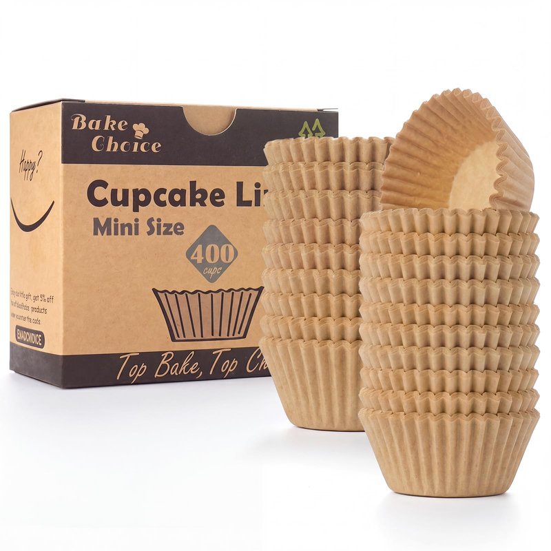 Bake Choice Non-Stick 400pcs Mini Cupcake Liners for Baking, Natural parchment muffin liners for Mini Muffin Pan, Cupcake Pan, Food Grade, Non Stick, Greaseproof