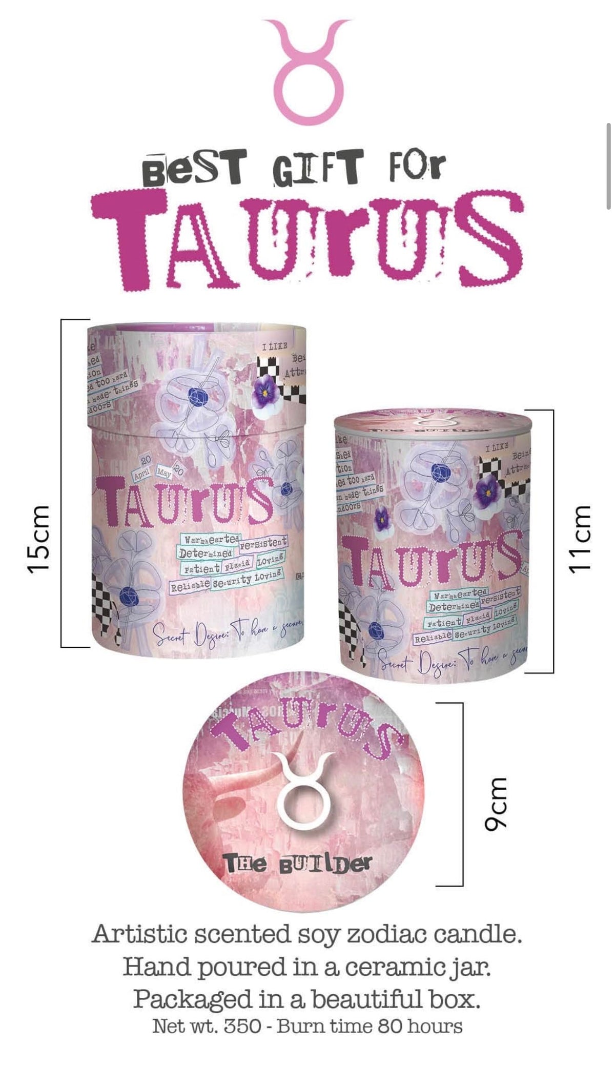 Taurus Zodiac Candle – Jasmine Scented Soy Candle for Self Care & Relaxation – Zodiac Birthday Gift – 80 Hour Burn – Reusable Ceramic Jar